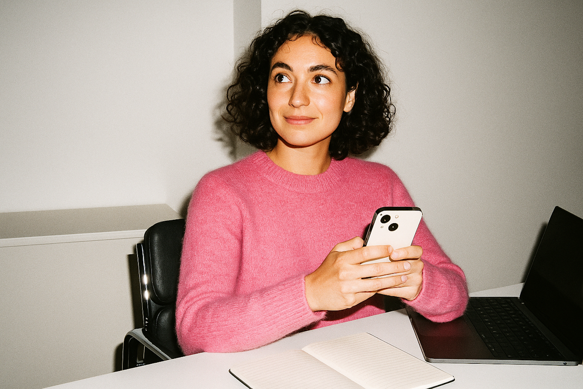 woman at desk with phone